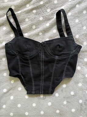 Zara Black Contrast Stitch Corset Crop Top Size Medium